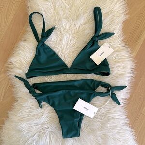 NWT MIKOH cheeky bottoms and triangle top with ties in forest green